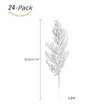 Christmas Glitter Stems 24pcs Artificial Pine Tree Picks for Christmas Tree Ornaments fillers, DIY X...