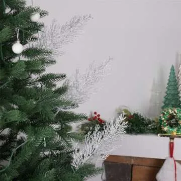 Christmas Glitter Stems 24pcs Artificial Pine Tree Picks for Christmas Tree Ornaments fillers, DIY Xmas Wreath, Crafts, Garland, Holiday, Party, Wedding and Home Decoration (Silver)