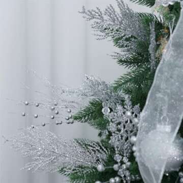 Christmas Glitter Stems 24pcs Artificial Pine Tree Picks for Christmas Tree Ornaments fillers, DIY Xmas Wreath, Crafts, Garland, Holiday, Party, Wedding and Home Decoration (Silver)