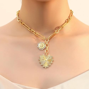 Stylish HETICA Chunky Gold Necklace with Heart Pendants