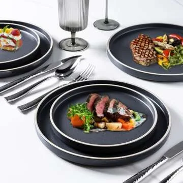 LERATIO Dinner Plates,Ceramic Dinner Plates Set of 6,10.75 inch Large ceramic plates,Modern Shape Dinnerware Dishes Set for Kitchen, Microwave & Dishwasher & Oven Safe-Black with white Rim