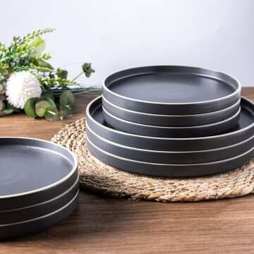 LERATIO Dinner Plates,Ceramic Dinner Plates Set of 6,10.75 inch Large ceramic plates,Modern Shape Dinnerware Dishes Set for Kitchen, Microwave & Dishwasher & Oven Safe-Black with white Rim