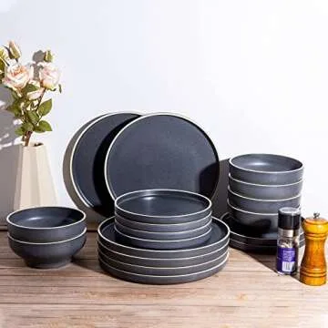 LERATIO Dinner Plates,Ceramic Dinner Plates Set of 6,10.75 inch Large ceramic plates,Modern Shape Dinnerware Dishes Set for Kitchen, Microwave & Dishwasher & Oven Safe-Black with white Rim