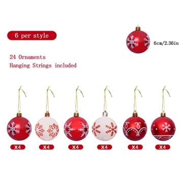 24 Pcs Christmas Balls Ornaments 2.36" Shatterproof Red White Christmas Tree Balls Xmas Hanging Ball Decorations for Christmas Wreath Holiday Wedding Party Home Decor