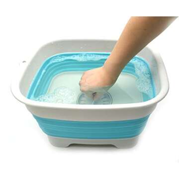 SAMMART 9.1L (2.4Gallon) Collapsible Dishpan with Draining Plug - Foldable Washing Basin - Portable Dish Washing Tub - Space Saving Kitchen Storage Tray (1, Grey/Brigt Blue)