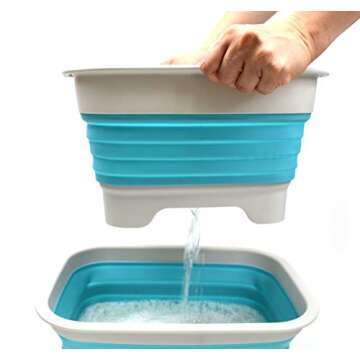 SAMMART 9.1L (2.4Gallon) Collapsible Dishpan with Draining Plug - Foldable Washing Basin - Portable Dish Washing Tub - Space Saving Kitchen Storage Tray (1, Grey/Brigt Blue)