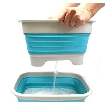 SAMMART 9.1L (2.4Gallon) Collapsible Dishpan with Draining Plug - Foldable Washing Basin - Portable Dish Washing Tub - Space Saving Kitchen Storage Tray (1, Grey/Brigt Blue)