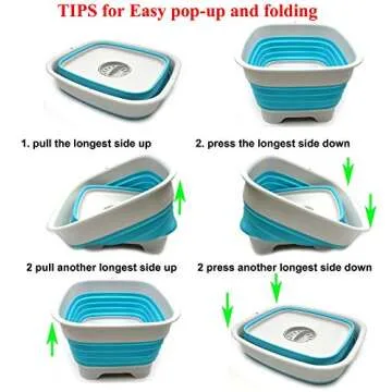 SAMMART 9.1L (2.4Gallon) Collapsible Dishpan with Draining Plug - Foldable Washing Basin - Portable Dish Washing Tub - Space Saving Kitchen Storage Tray (1, Grey/Brigt Blue)