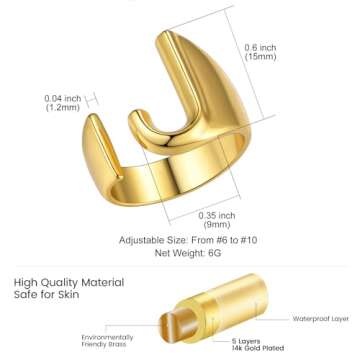 KeyStyle Chunky Gold Ring Initial J Letter Rings for Women, GoldChic Jewelry 14k Gold Plated Adjustable Statement Rings for Rocker