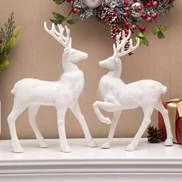 Benzoyl Christmas Reindeer Decoration Reindeer Christmas Decor Table top Decorations White Xmas Deer Figurine Glitter Holiday Reindeer Decor with White fur