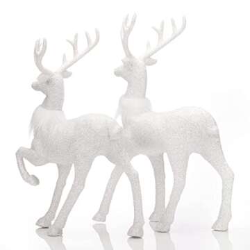 Benzoyl Christmas Reindeer Decoration Reindeer Christmas Decor Table top Decorations White Xmas Deer Figurine Glitter Holiday Reindeer Decor with White fur