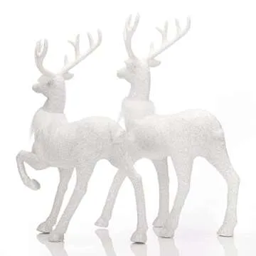 Benzoyl Christmas Reindeer Decoration Reindeer Christmas Decor Table top Decorations White Xmas Deer Figurine Glitter Holiday Reindeer Decor with White fur