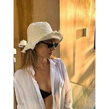 HZEYN Bucket Hats for Women Wide Brim Summer Travel Packable Cotton Bucket Beach Sun Hat UPF 50+ (Beige)