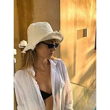 HZEYN Bucket Hats for Women Wide Brim Summer Travel Packable Cotton Bucket Beach Sun Hat UPF 50+ (Beige)