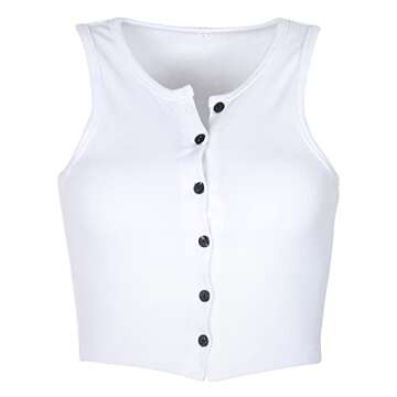 Artfish Women Casual Buttons Trendy Basic Sleeveless High Neck Rib-Knit Front Racerback Crop Tank Top Shirts White, M