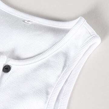 Artfish Women Casual Buttons Trendy Basic Sleeveless High Neck Rib-Knit Front Racerback Crop Tank Top Shirts White, M
