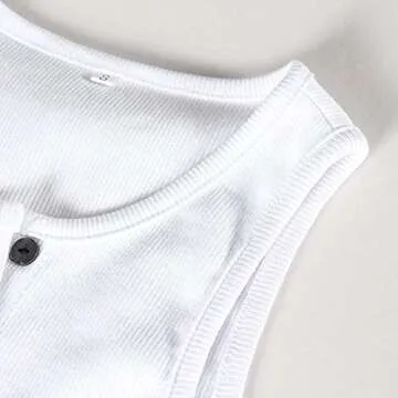 Artfish Women Casual Buttons Trendy Basic Sleeveless High Neck Rib-Knit Front Racerback Crop Tank Top Shirts White, M