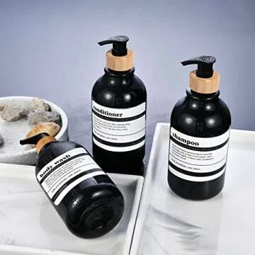 Shampoo and Conditioner Dispenser with Bamboo Pump, 3 Pack Shampoo Conditioner Body Wash Dispensers, 16 Oz Shower Soap Dispensers with 8 Labels, Black Refillable Shampoo and Conditioner Bottles