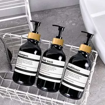 Shampoo and Conditioner Dispenser with Bamboo Pump, 3 Pack Shampoo Conditioner Body Wash Dispensers, 16 Oz Shower Soap Dispensers with 8 Labels, Black Refillable Shampoo and Conditioner Bottles