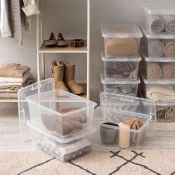 IRIS USA 17 Qt Clear Storage Box, BPA-Free Plastic Stackable Bin with Lid, Containers to Organize Shoes and Closet Shelves, Classroom Organization Teacher Tools, Game Storage, 12 Pack