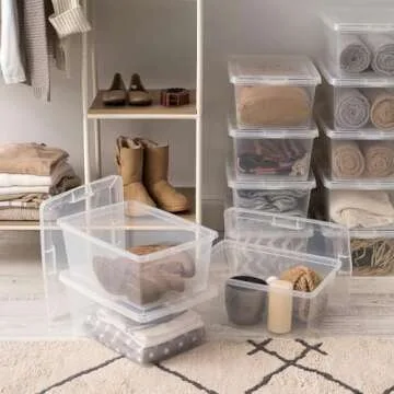 IRIS USA 17 Qt Clear Storage Box, BPA-Free Plastic Stackable Bin with Lid, Containers to Organize Shoes and Closet Shelves, Classroom Organization Teacher Tools, Game Storage, 12 Pack