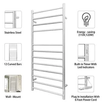 KEG Towel Warmer Wall Mounted with Built-in Timer 12 Bars Electric Stainless Steel Heated Towel Racks for Bathroom, Hot Plug-in Bath Towel Heater Brushed Nickel