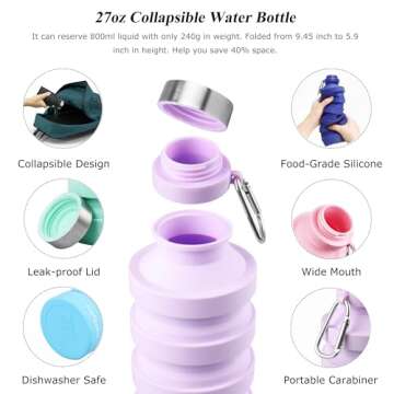 Nefeeko Collapsible Water Bottle, 27oz Reuseable BPA Free Silicone Foldable Water Bottles for Travel Gym Camping Hiking, Portable Leak Proof Sports Water Bottle with Carabiner