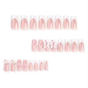 Foccna Press on Nails Medium Long Rhinestone Pink Fake Nails Square Bling Glossy 3D Flower False Nai...
