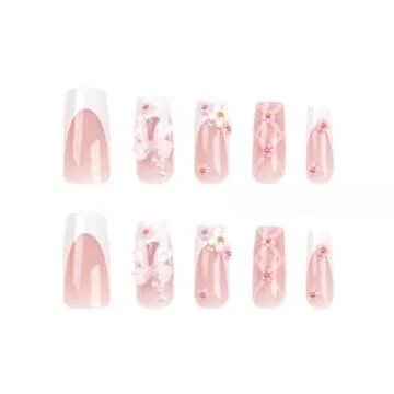 Foccna Press on Nails Medium Long Rhinestone Pink Fake Nails Square Bling Glossy 3D Flower False Nail Tips Artificial Nails Finger Manicure for Women and Girls-24pcs