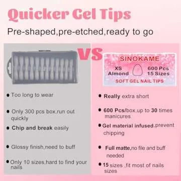 Extra Short Almond Nail Tips, SINOKAME No File Gel Nail Tips with Tip Primer Cover, for Tiny Petite Child &Average Nail Beds, Clear Gel Press on Fake Nails Short for Nail Extensions,600Pcs 15 Sizes