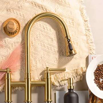 Brushed Gold Bridge Kitchen Faucet with Pull Down Sprayer, Lava Odoro Transitional Brass Kitchen Sin...