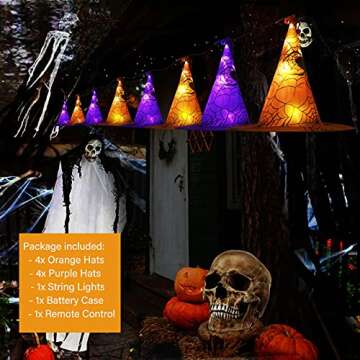 Halloween Lights Witch Hat, 56 LED Battery Operated Purple and Orange Lights with 8 Pack Hanging Lighted Hats and Remote and Timer for Indoor Outdoor Party Haunted Mansion Halloween Decoration