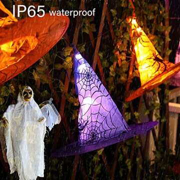Halloween Lights Witch Hat, 56 LED Battery Operated Purple and Orange Lights with 8 Pack Hanging Lighted Hats and Remote and Timer for Indoor Outdoor Party Haunted Mansion Halloween Decoration