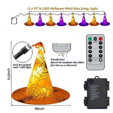 Halloween Lights Witch Hat, 56 LED Battery Operated Purple and Orange Lights with 8 Pack Hanging Lighted Hats and Remote and Timer for Indoor Outdoor Party Haunted Mansion Halloween Decoration