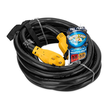 Camco PowerGrip 25-Foot 50-Amp RV Extension Cord | Features a 50-Amp Standard Male Connector, a 50-Amp Locking Female Connector, and is Rated for 125/250 Volts/12500 Watts (55542)
