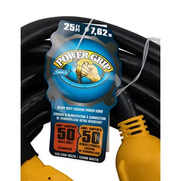 Camco PowerGrip 25-Foot 50-Amp RV Extension Cord | Features a 50-Amp Standard Male Connector, a 50-Amp Locking Female Connector, and is Rated for 125/250 Volts/12500 Watts (55542)