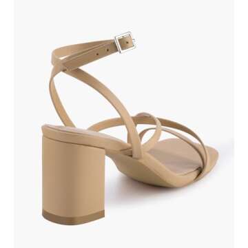 Shoe'N Tale Strappy Heels for Women Block Chunky Heels Open Square Toe Ankle Strap Buckle Sandals(8,Tan)