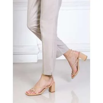 Shoe'N Tale Strappy Heels for Women Block Chunky Heels Open Square Toe Ankle Strap Buckle Sandals(8,Tan)