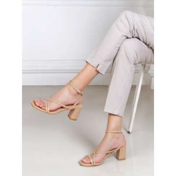 Shoe'N Tale Strappy Heels for Women Block Chunky Heels Open Square Toe Ankle Strap Buckle Sandals(8,Tan)