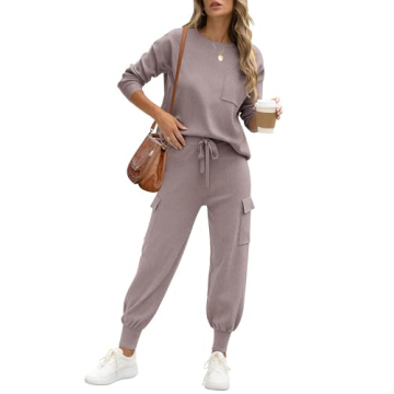 Caracilia Women's Two Piece Outfits Sweater Sets Long Sleeve Knit Tops Matching Cargo Jogger Pants 2...