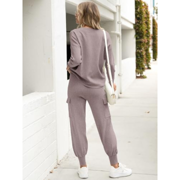 Caracilia Women's Two Piece Outfits Sweater Sets Long Sleeve Knit Tops Matching Cargo Jogger Pants 2024 Fall Lounge Sets Khaki Small