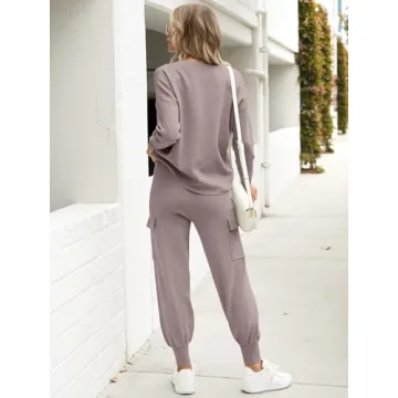 Caracilia Women's Two Piece Outfits Sweater Sets Long Sleeve Knit Tops Matching Cargo Jogger Pants 2024 Fall Lounge Sets Khaki Small