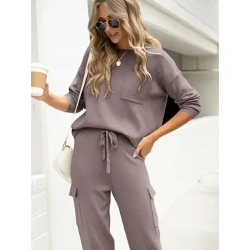 Caracilia Women's Two Piece Outfits Sweater Sets Long Sleeve Knit Tops Matching Cargo Jogger Pants 2024 Fall Lounge Sets Khaki Small