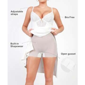 Popilush Shapewear Dress Deep-V Neck Lace Satin Drape Slip Split Bodycon Cocktail Maxi Dresses for W...