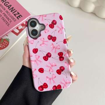 DEFBSC Case for iPhone 16 Plus, Cute Pink Bow Cherry Print Aesthetic Trendy Pattern for Women Girls ...