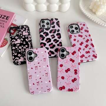 DEFBSC Cute Pink Bow Cherry Print Case for iPhone 16 Plus