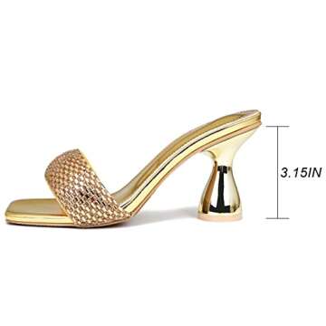 OHXZTX Women's Rhinestone Chunky Heel Mules Sandals Square Open Toe Slip On Kitten Heeled Backless Slides Slippers Fashion Wedges Pumps Dress Shoes Sexy Gold PU Size US 8.5 CN 39