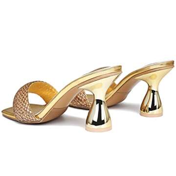 OHXZTX Women's Rhinestone Chunky Heel Mules Sandals Square Open Toe Slip On Kitten Heeled Backless Slides Slippers Fashion Wedges Pumps Dress Shoes Sexy Gold PU Size US 8.5 CN 39