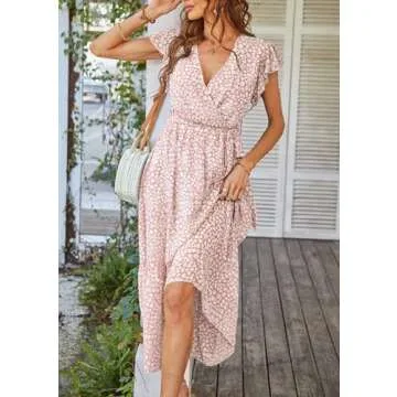 PRETTYGARDEN Women's Summer Floral Boho Dress Wrap V Neck Short Sleeve Ruffle A-Line Flowy Maxi Wedding Guest Dresses (Pink,Small)