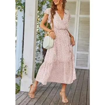 PRETTYGARDEN Women's Summer Floral Boho Dress Wrap V Neck Short Sleeve Ruffle A-Line Flowy Maxi Wedding Guest Dresses (Pink,Small)